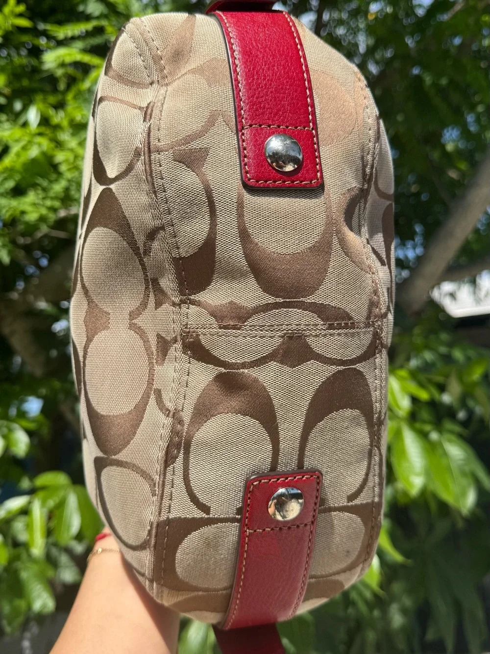 Coach Zoe Signature Canvas Hobo with Red Leather Trim